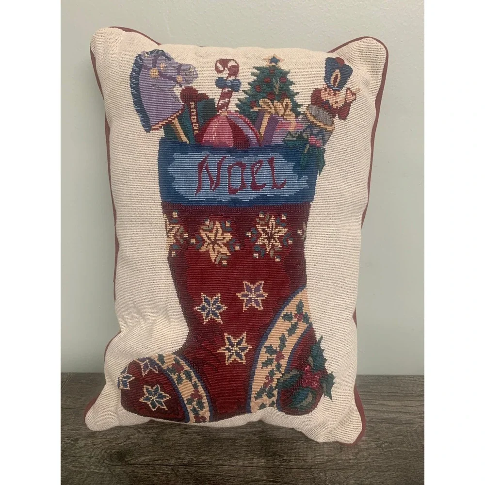 VTG Noel Christmas Stocking Pillow Tapestry Accent Holiday Decor Throw Cushion